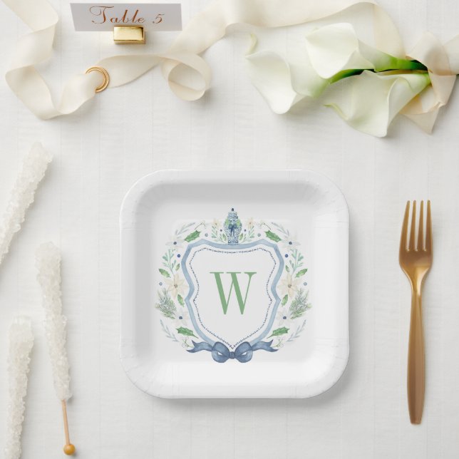 Watercolor Chinoiserie Ginger Jar Monogram Crest Paper Plate (Wedding)
