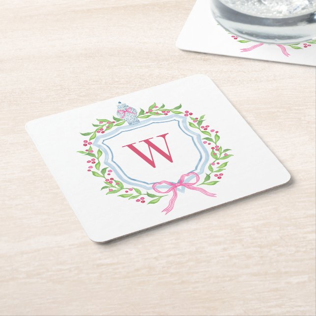 Watercolor Chinoiserie Ginger Jar Monogram Crest Square Paper Coaster (Angled)