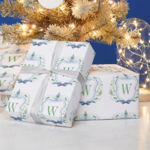 Watercolor Chinoiserie Ginger Jar Monogram Crest Wrapping Paper
