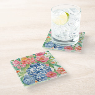 Watercolor Chinoiserie Ginger Jar of Flowers Glass Coaster
