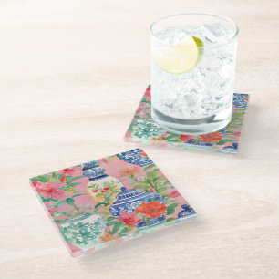 Watercolor Chinoiserie Ginger Jars & Flowers Glass Coaster
