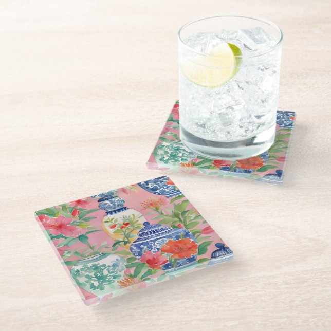Watercolor Chinoiserie Ginger Jars & Flowers Glass Coaster (Angled)