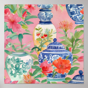 Watercolor Chinoiserie Ginger Jars & Flowers Poster
