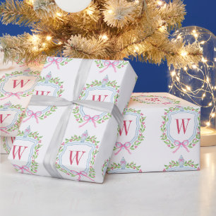 Watercolor Chinoiserie Ginger Jars Monogram Crest Wrapping Paper
