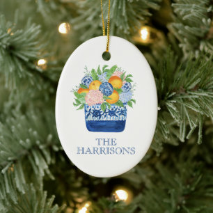 Watercolor Chinoiserie Mandarins and Hydrangeas Ceramic Ornament