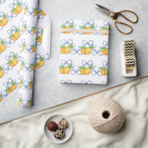 Watercolor Chinoiserie Mandarins & Blue Bows Wrapping Paper