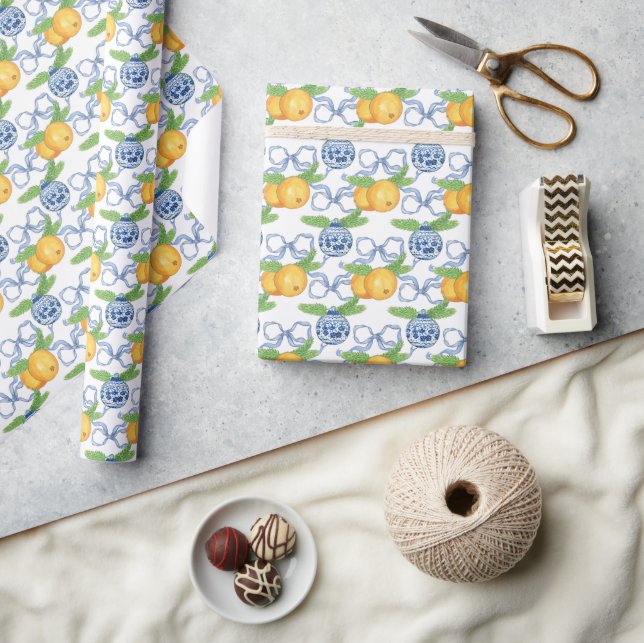 Watercolor Chinoiserie Mandarins & Ornaments Wrapping Paper (Crafts)