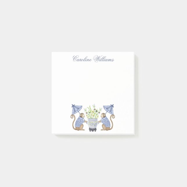Watercolor Chinoiserie Monkeys Personalized Post-it Notes (Front)