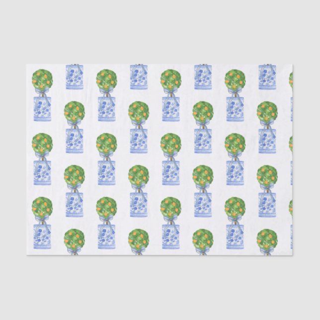 Watercolor Chinoiserie Orange Tree Topiary Tissue Paper (Front)