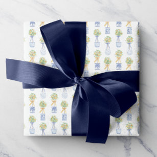 Watercolor Chinoiserie Orange Tree Topiary Wrapping Paper