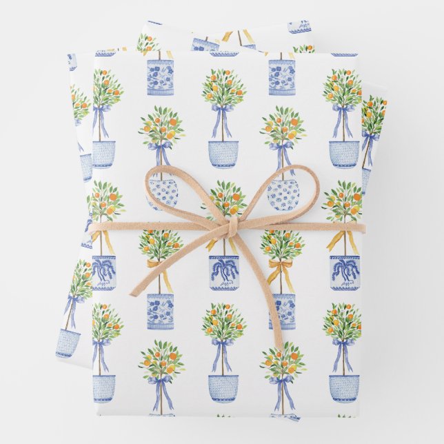 Watercolor Chinoiserie Orange Tree Topiary Wrapping Paper Sheet (In situ)