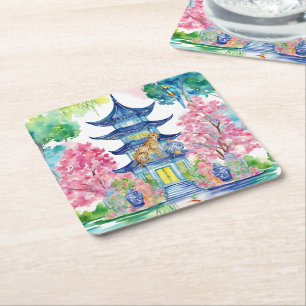 Watercolor Chinoiserie Pagoda Cheetah Ginger Jar Square Paper Coaster