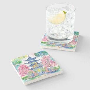 Watercolor Chinoiserie Pagoda Cheetah Ginger Jar Stone Coaster