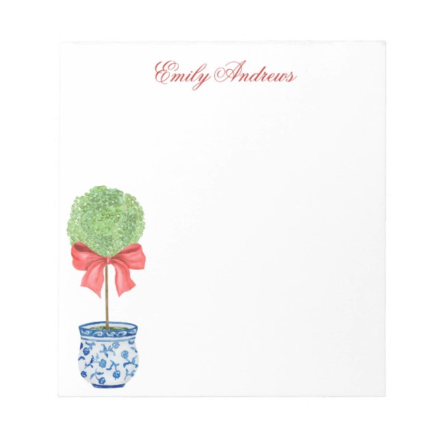 Watercolor Chinoiserie Red Bow Topiary Notepad (Front)