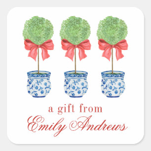 Watercolor Chinoiserie Red Bow Topiary Square Sticker