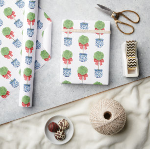 Watercolor Chinoiserie Red Bow Topiary Wrapping Paper