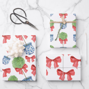 Watercolor Chinoiserie Red Bow Topiary Wrapping Paper Sheet
