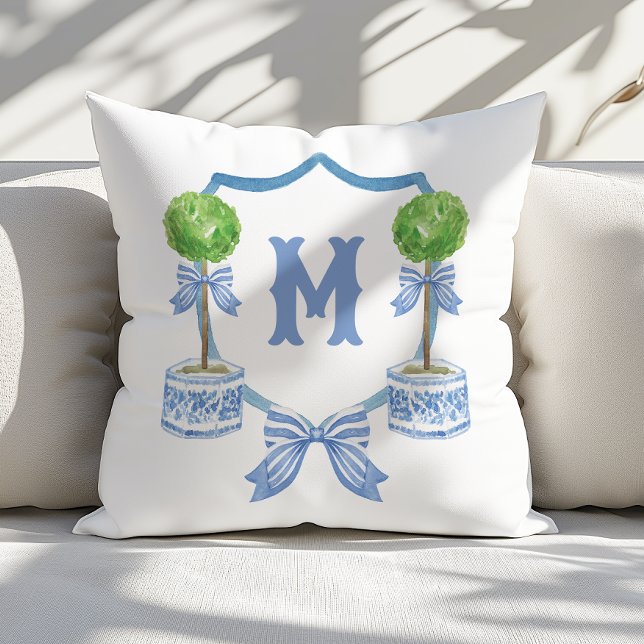 Watercolor Chinoiserie Topiary Monogram Crest Throw Pillow (Creator Uploaded)