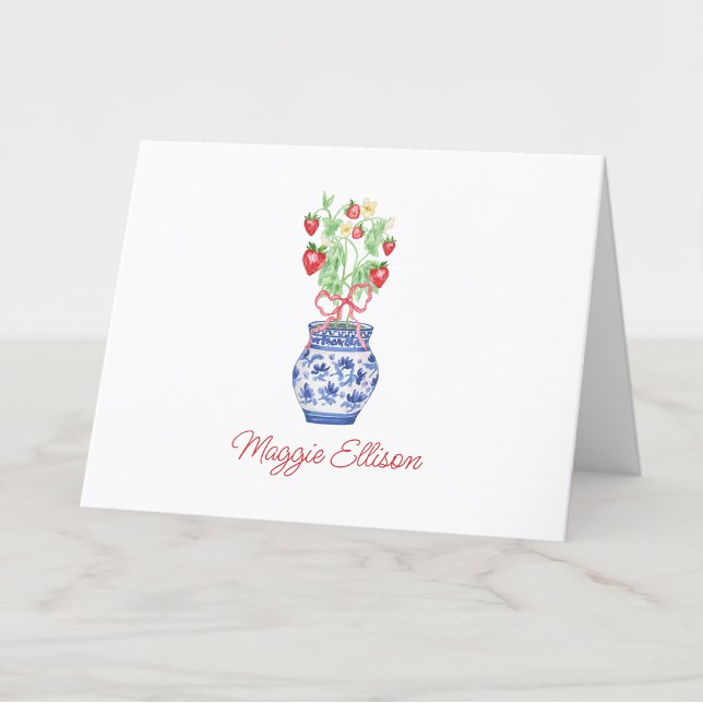 Watercolor Chinoiserie Vase of Red Strawberries Thank You Card (Creator Uploaded)