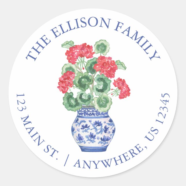 Watercolor Chinoiserie Vase Red Geraniums Address Classic Round Sticker (Front)