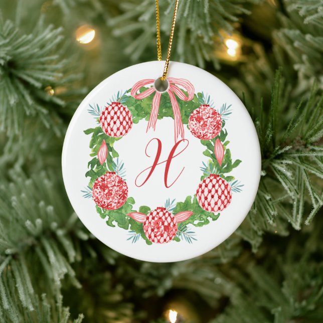 Watercolor Chinoiserie Wreath Christmas Monogram Ceramic Ornament (Tree)