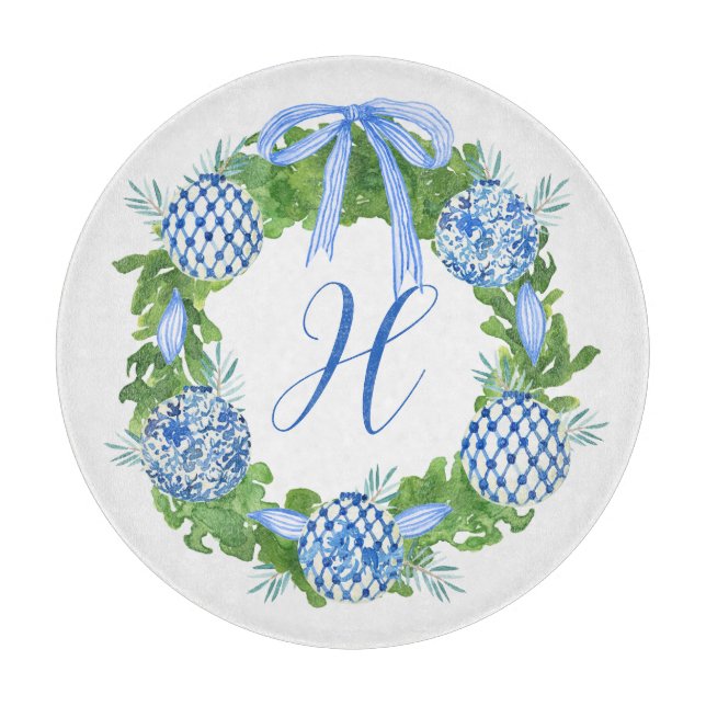 Watercolor Chinoiserie Wreath Christmas Monogram Cutting Board (Front)