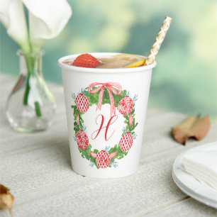 Watercolor Chinoiserie Wreath Christmas Monogram Paper Cups