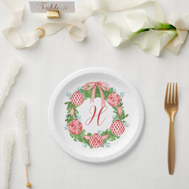 Watercolor Chinoiserie Wreath Christmas Monogram Paper Plate (Wedding)