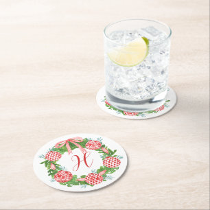 Watercolor Chinoiserie Wreath Christmas Monogram Round Paper Coaster