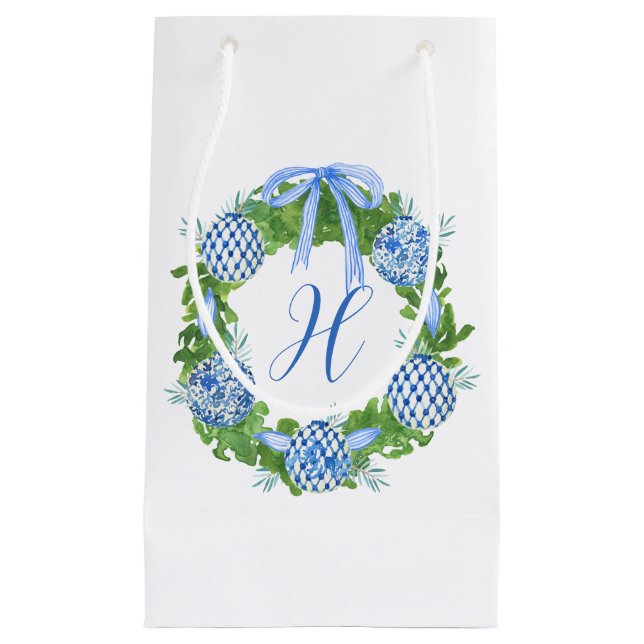Watercolor Chinoiserie Wreath Christmas Monogram Small Gift Bag (Front)