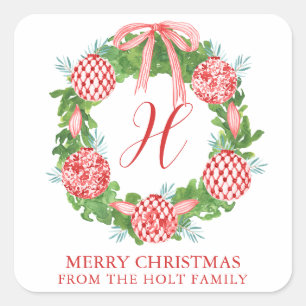 Watercolor Chinoiserie Wreath Christmas Square Sticker