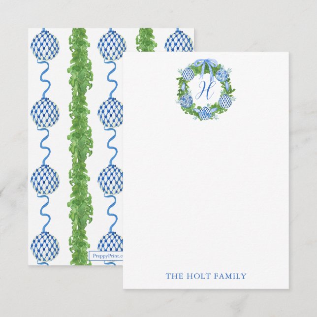 Watercolor Chinoiserie Wreath Monogram Christmas Thank You Card (Front/Back)