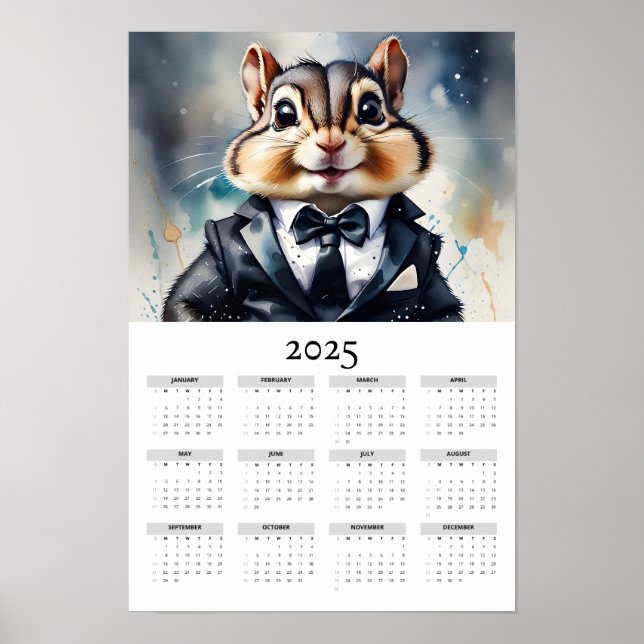 Watercolor Chipmunk Tux Bow Tie 2025 Wall Calendar Poster (Front)