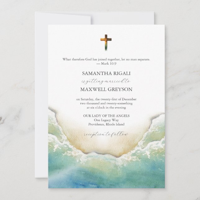 Watercolor Christian Beach Wedding Invitations (Front)