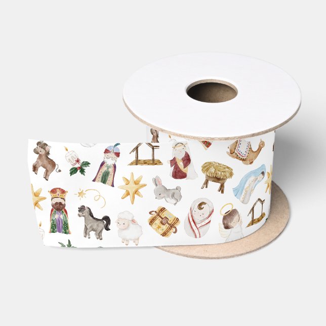 Watercolor Christian Christmas Nativity Satin Ribbon (Spool)