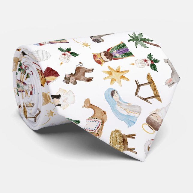 Watercolor Christian Christmas Nativity Tie (Rolled)