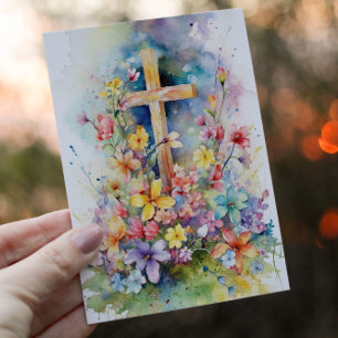 Watercolor Christian Cross and Spring Flowers Holiday Card