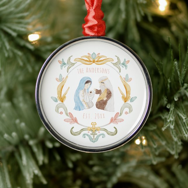 Watercolor Christian Nativity Our First Christmas Metal Ornament (Tree)