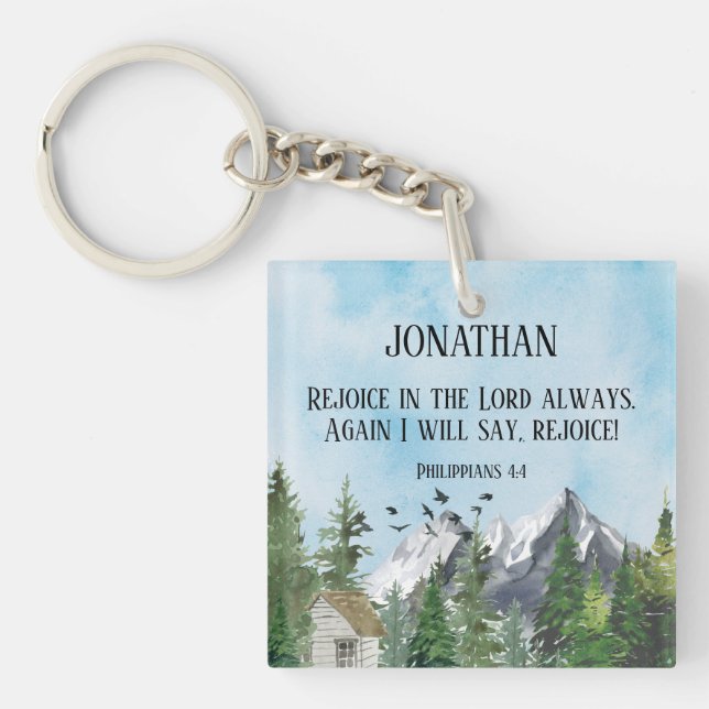 Watercolor Christian Scripture Rejoice in The Lord Keychain (Front)