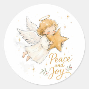 Watercolor Christmas Angel with Star Classic Round Sticker
