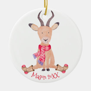 Watercolor Christmas Antelope Personalized Ceramic Ornament