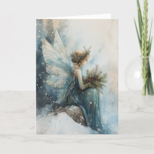 Watercolor Christmas Aqua Fairy in Snowy Field Card