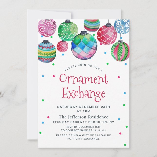 Watercolor Christmas Balls Ornament Exchange Invitation (Front)