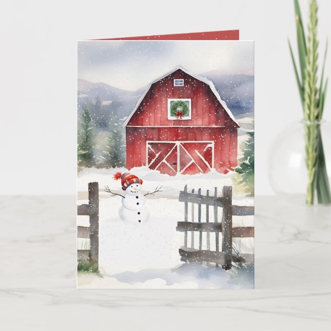 Watercolor Christmas Barn And Snowman Holiday Card (Front)