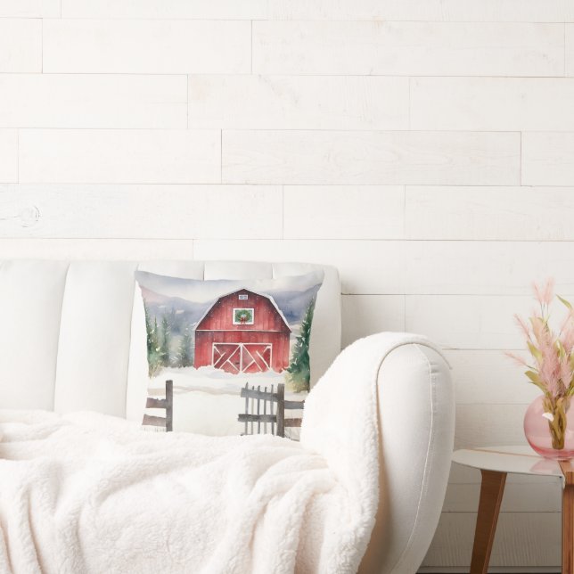 Watercolor Christmas Barn In Snow Throw Pillow (Couch)