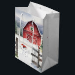 Watercolor Christmas Barn With Snowman Medium Gift Bag<br><div class="desc">Red barn with green Christmas wreath,  snowman,  and a bird on an old fence in snowflakes.
Text on backside can be edited or deleted.</div>