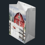 Watercolor Christmas Barn With Snowman Medium Gift Bag<br><div class="desc">Red barn with green Christmas wreath,  snowman,  and a bird on an old fence in snowflakes.
Text on backside can be edited or deleted.</div>