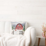 Watercolor Christmas Barn With Snowman Throw Pillow<br><div class="desc">Red barn with green Christmas wreath,  snowman,  and rustic old fence in snowflakes.</div>