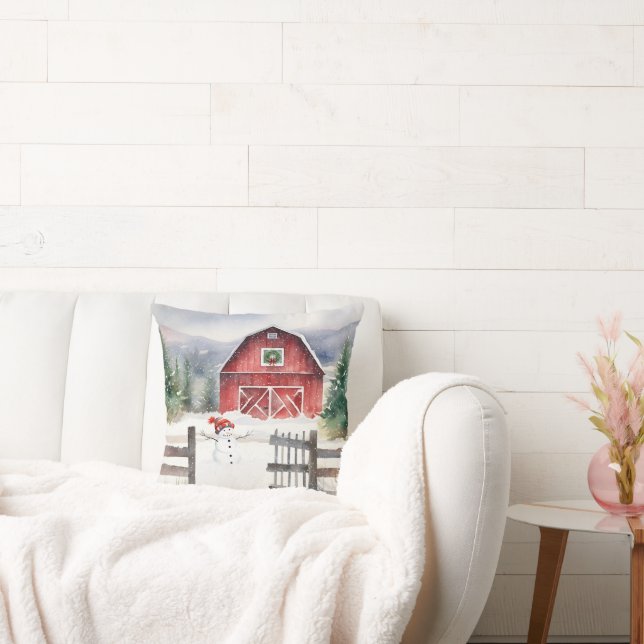 Watercolor Christmas Barn With Snowman Throw Pillow (Couch)