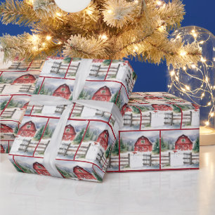 Watercolor Christmas Barn with Snowman Wrapping Paper